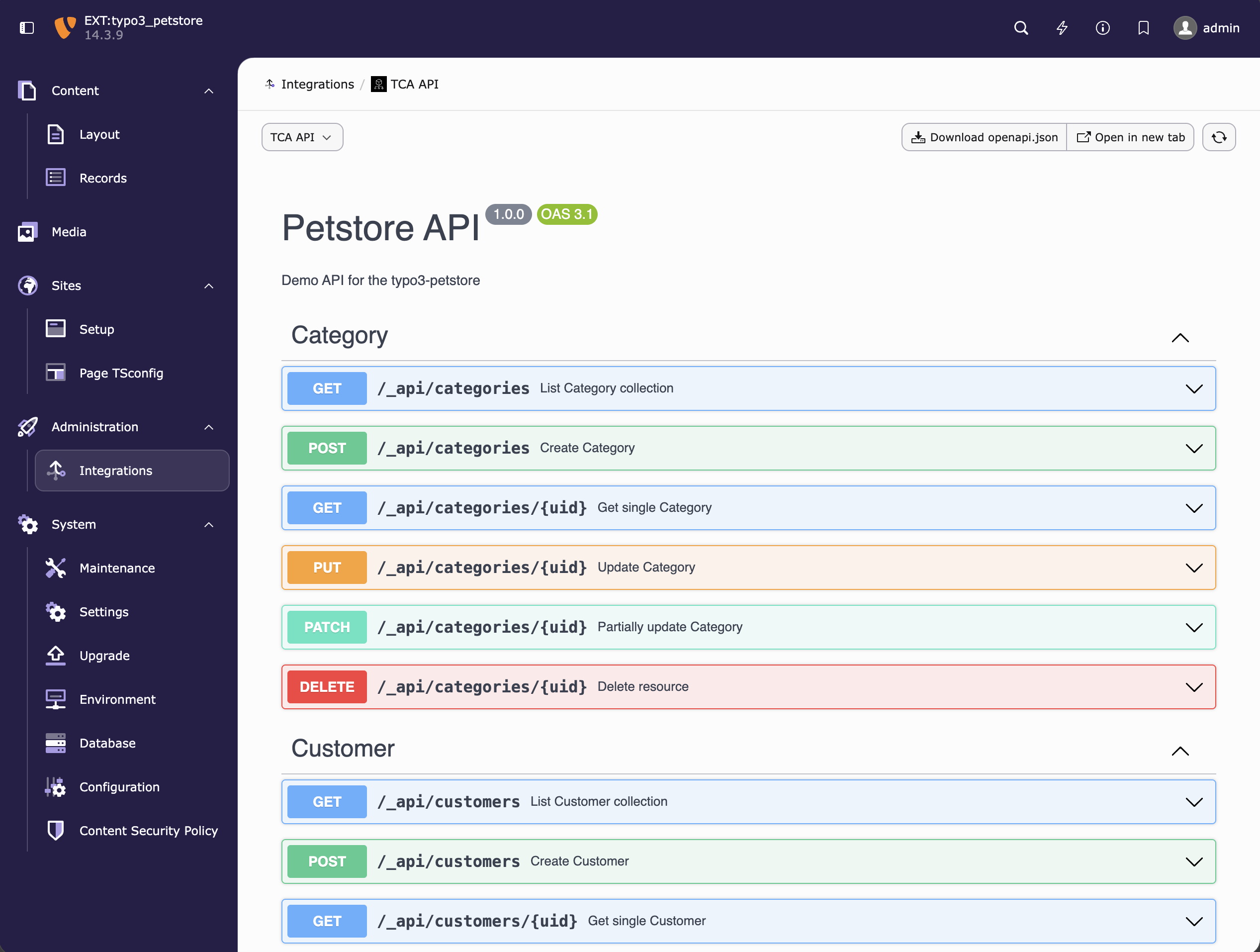 TYPO3-Backend, Administration › Integrations › TCA API: Swagger UI der Petstore API mit OpenAPI 3.1 und GET, POST, PUT, PATCH, DELETE für /_api/categories