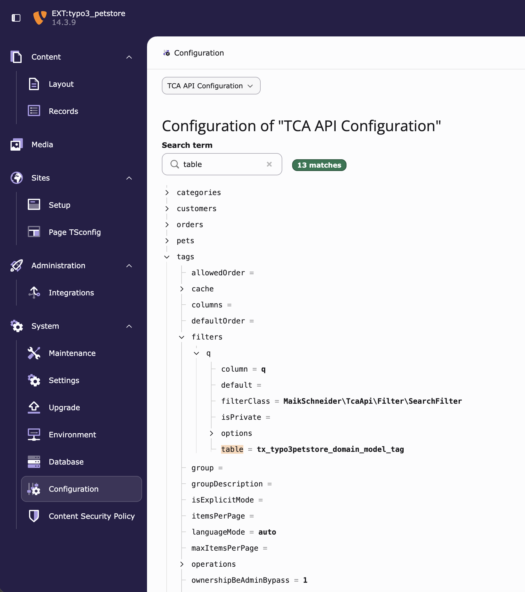 TYPO3-Backend, System › Configuration: Baum der TCA API Configuration mit Ressourcen categories, customers, orders, pets, tags; Suche nach table ergibt 13 Treffer